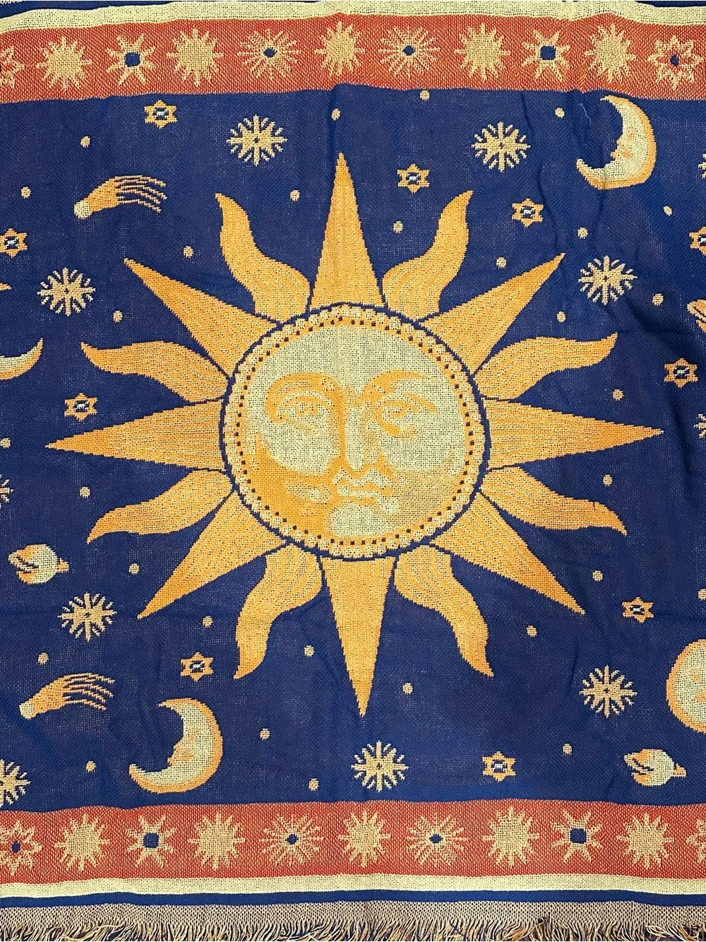 Sun and Moon Blue and Gold Tapestry Wall Hanging
